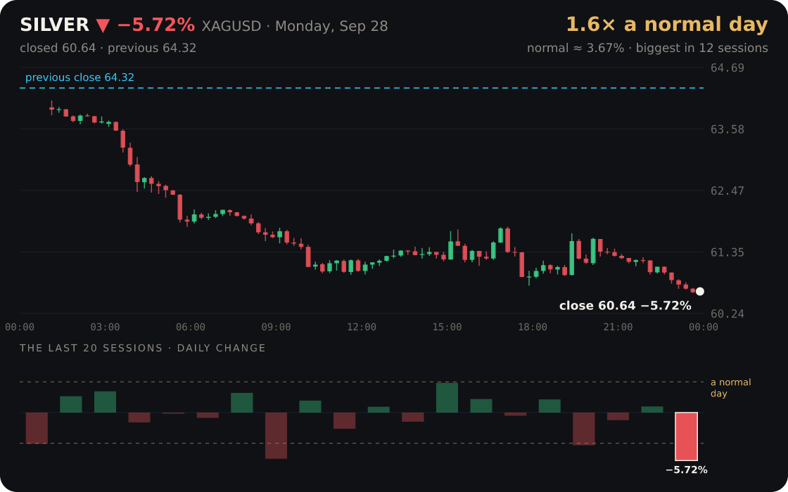 Silver fell 5.72% — 1.6× a normal day